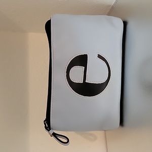 NWOT Frankie & Johnnie "e" Initial Blue and Black Faux Leather Makeup Bag